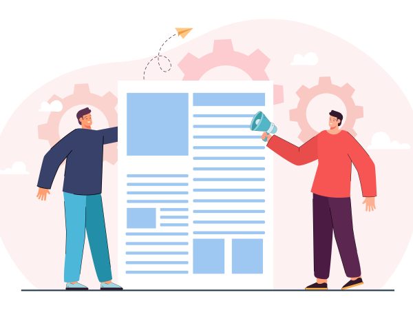 Journalists or editors with page from newspaper. Man holding megaphone and spreading news flat vector illustration. Communication, media, information concept for banner, website design or landing page